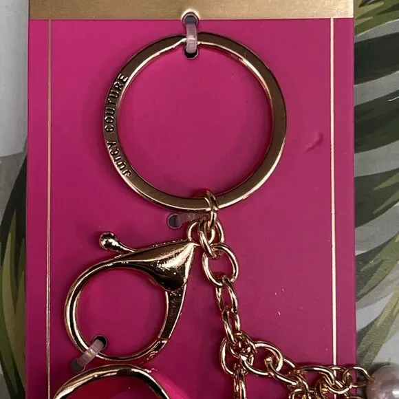 RARE Juicy Couture BOW Keychain Bag Charm Hot Pink Enameled Heart Pearl BLING